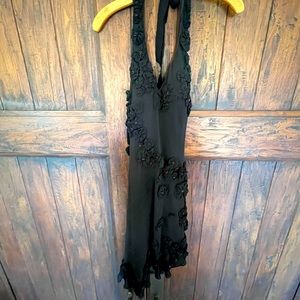 Sue Wong halter black dress with floral details
